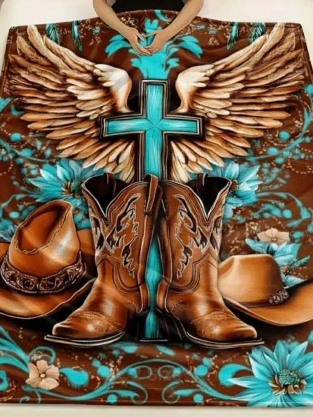 Western Boots & Cross Throw Blanket - Turquoise & Brown